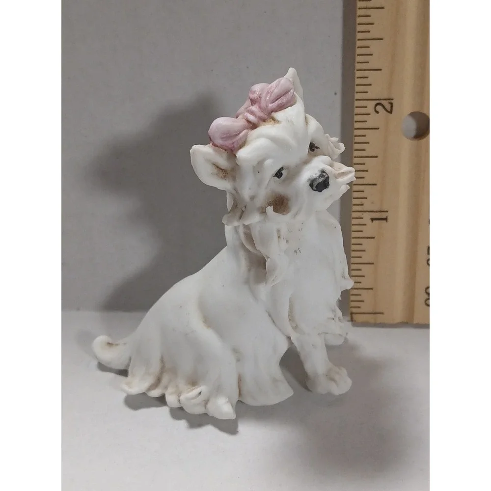 Antique Porcelain‎ White Pink Bow Dog Italian Figurine, Tiche Company,